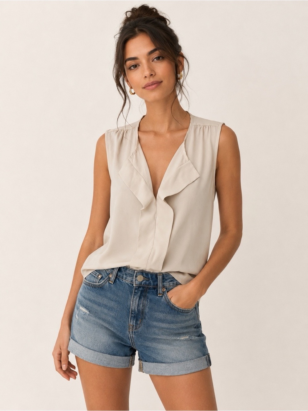 Love Culture Cream Sleeveless Blouse | V-Neck Draped Tank Top | Size S